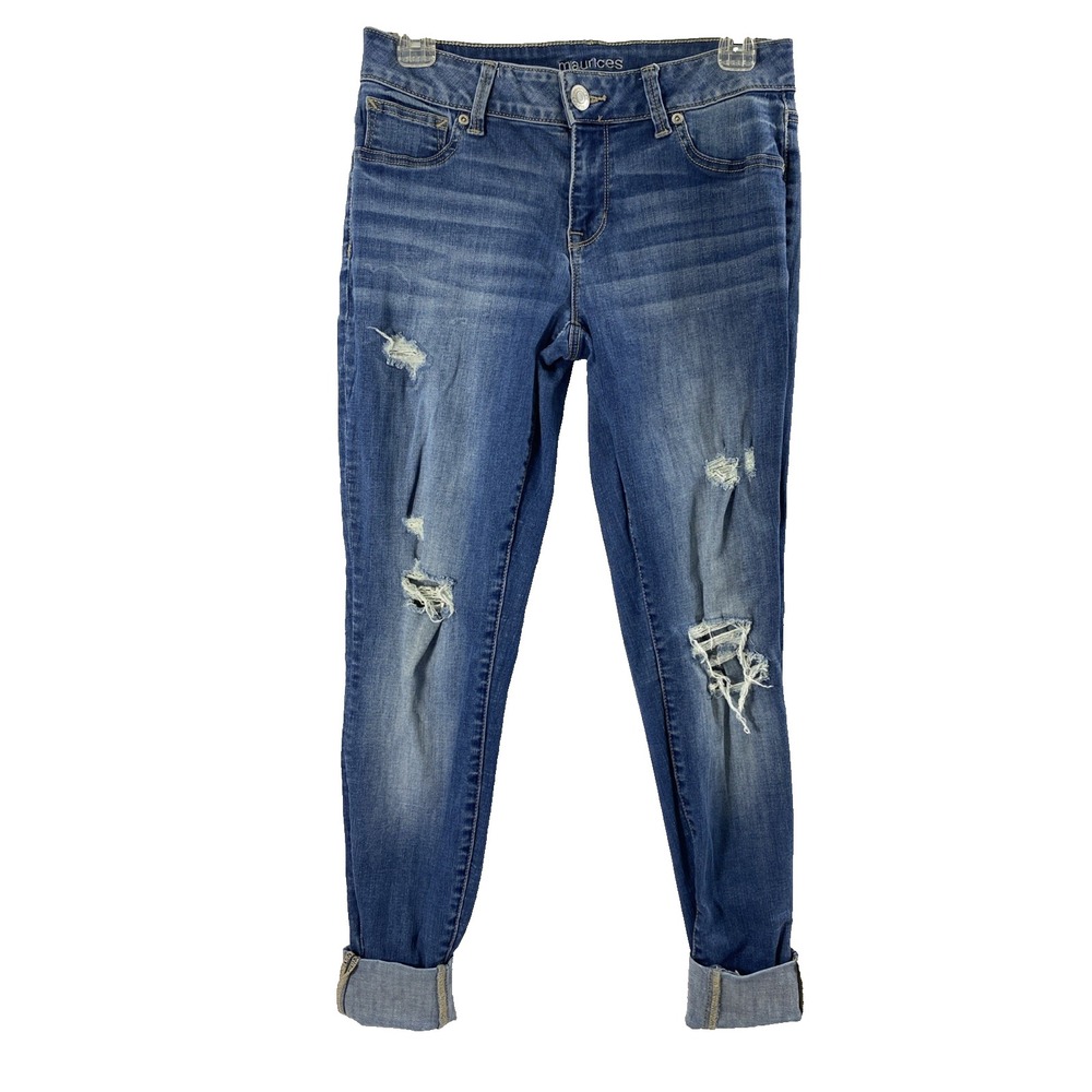 Maurice Jeans Women Small 28" W Rolled Ankle Medium Wash Destroyed Denim Stretch